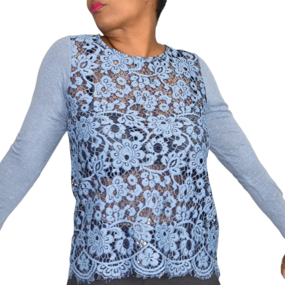 Sundance Ariadna Top Blue Lace Knit Sweater Scallop Hem Long Sleeves Size XS - Picture 9 of 14
